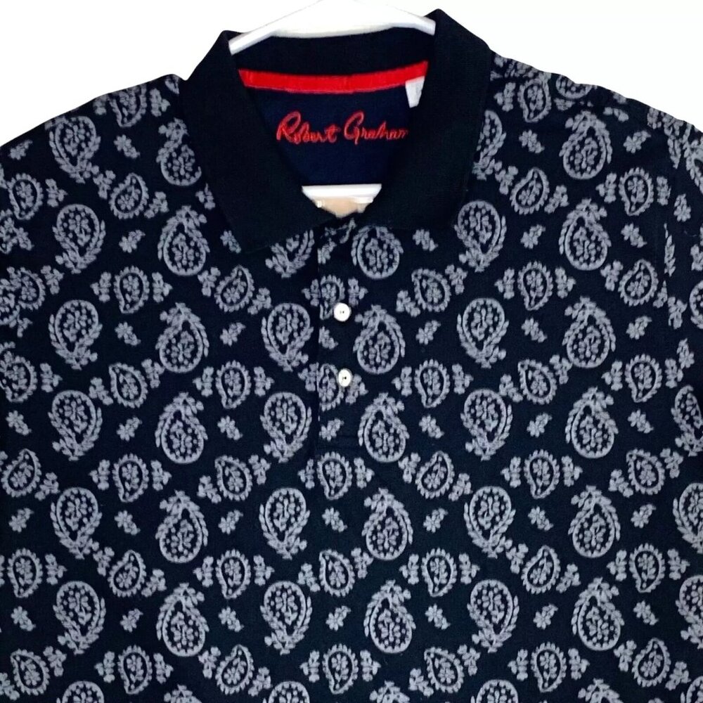 Robert Graham Mens Paisley All Over Print Short Sleeve Polo Shirt Black Medium